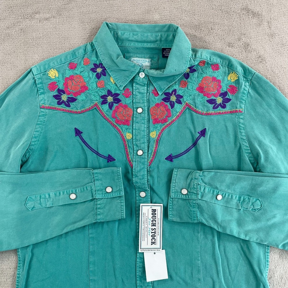 Panhandle Rough Stock Cowboy Shirt Women Medium Light Turquoise Pearl Snap NWT